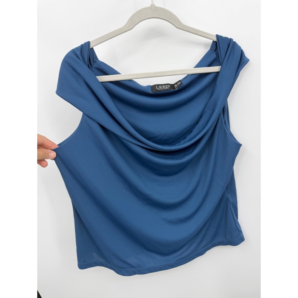 Lauren Ralph Lauren Cowl Neck Top Womens XXL Blue Cap Sleeve Stretch Jersey